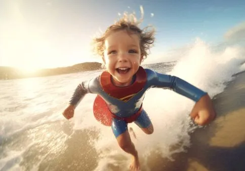 little boy running on the beach in superhero costume
