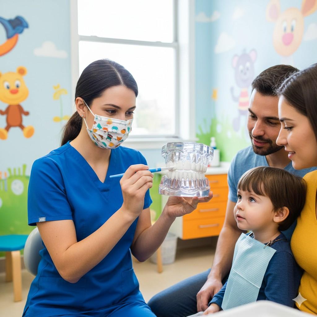 Pediatric dentist explaining a teeth model to a child with parents.