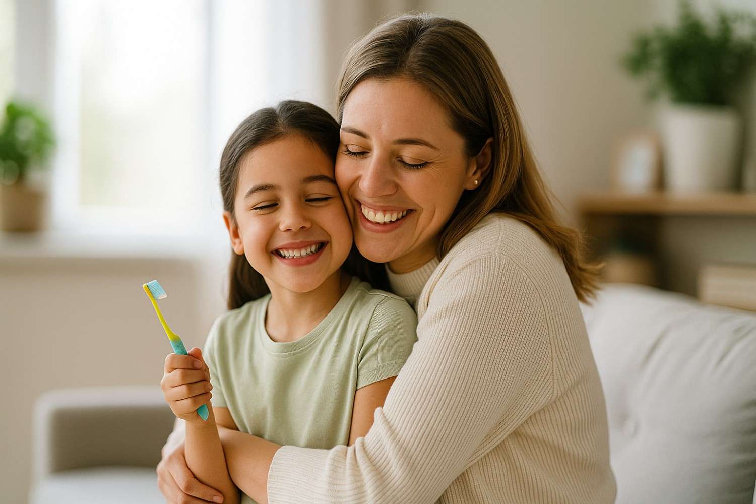 Mother hugging child holding toothbrush, smiling at home